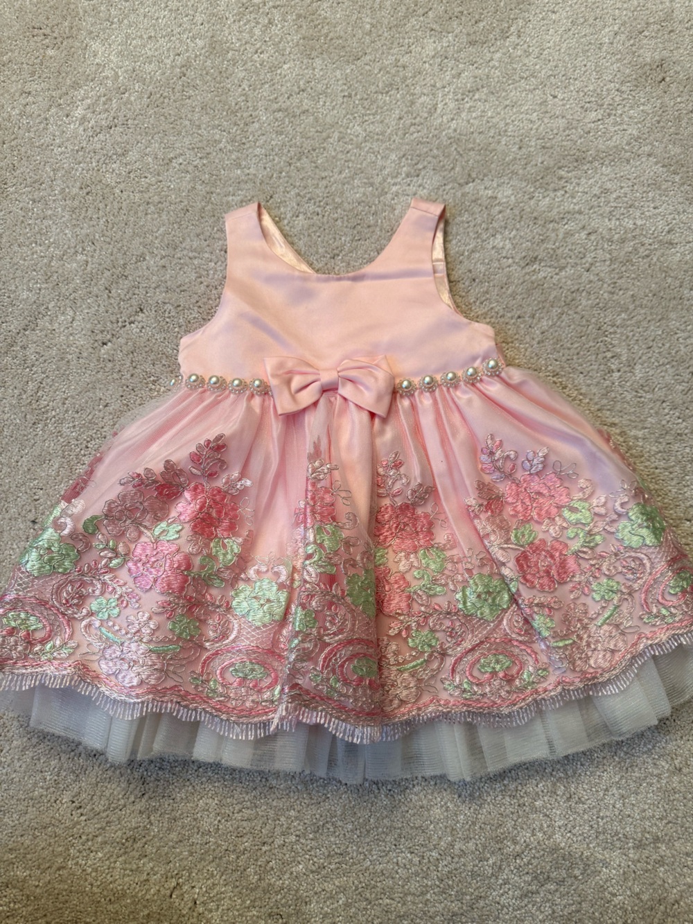 Prince Pink Floral Embroidered Party Dress with Pearls and Bow